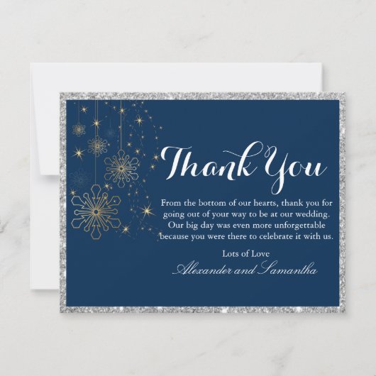 Navy Blue Silver Glitzer Snowflake Danke Karte (Vorderseite)