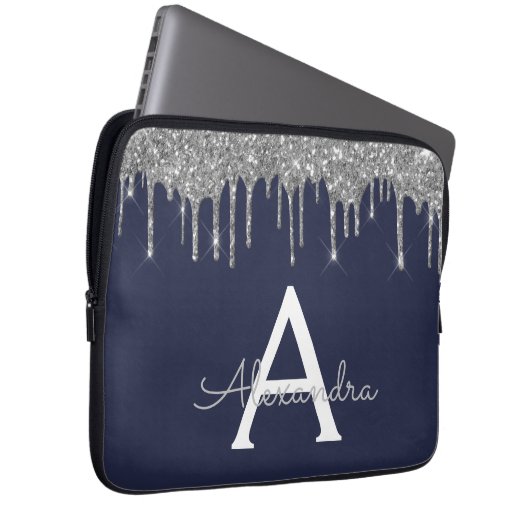 Navy Blue Silver Glitzer Sparkle Monogram Laptopschutzhülle (Vorne Rechts)