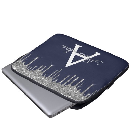 Navy Blue Silver Glitzer Sparkle Monogram Laptopschutzhülle (Vorne Knopf)