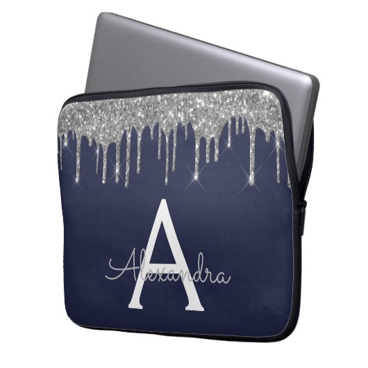 Navy Blue Silver Glitzer Sparkle Monogram Laptopschutzhülle (Vorderseite Links)