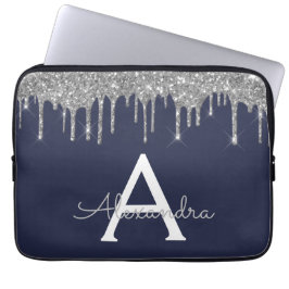 Navy Blue Silver Glitzer Sparkle Monogram Laptopschutzhülle