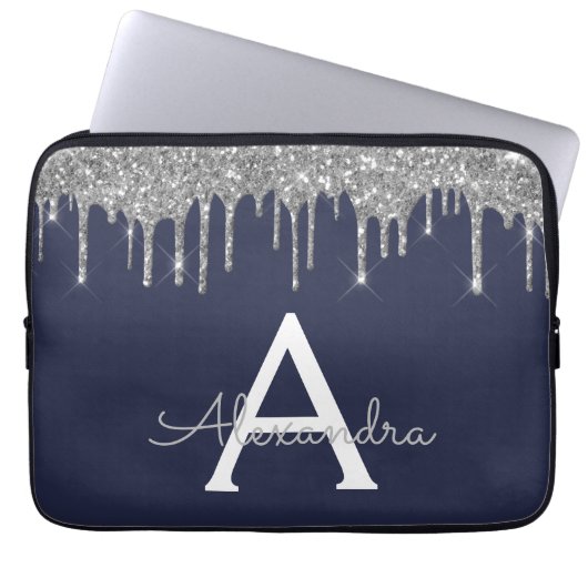 Navy Blue Silver Glitzer Sparkle Monogram Laptopschutzhülle (Vorderseite)