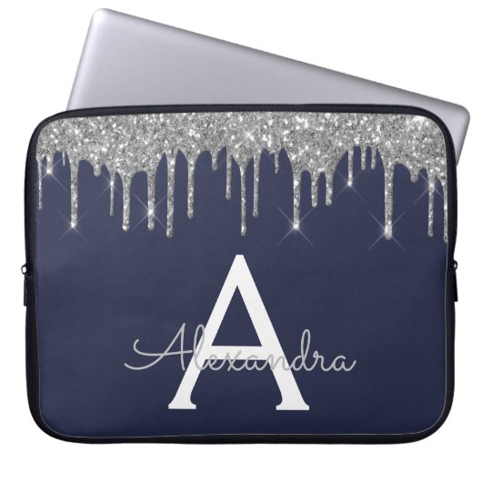 Navy Blue Silver Glitzer Sparkle Monogram Laptopschutzhülle (Vorderseite)