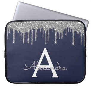 Navy Blue Silver Glitzer Sparkon Monogramm Laptopschutzhülle