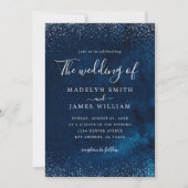 Navy Blue Silver Glitzer Starry Night Wedding Einladung (Vorderseite)