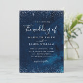 Navy Blue Silver Glitzer Starry Night Wedding Einladung (Stehend Vorderseite)