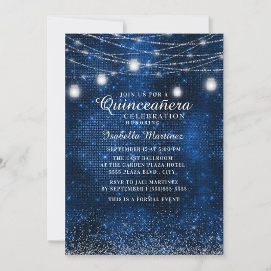 Navy Blue Silver Glitzer String Light Quinceañera Einladung (Vorderseite)