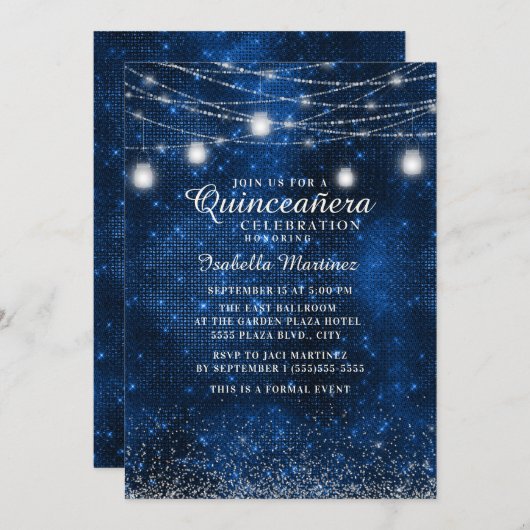 Navy Blue Silver Glitzer String Light Quinceañera Einladung (Vorne/Hinten)