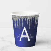 Navy Blue Silver Glitzer und Sparkle Monogram Pappbecher (Vorderseite)