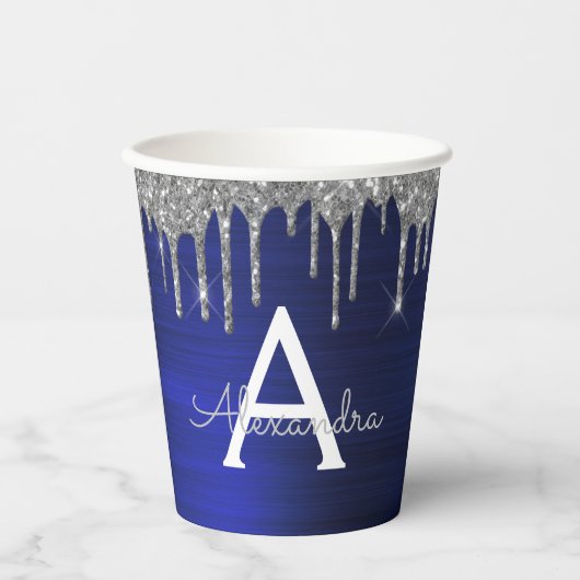 Navy Blue Silver Glitzer und Sparkle Monogram Pappbecher (Vorderseite)