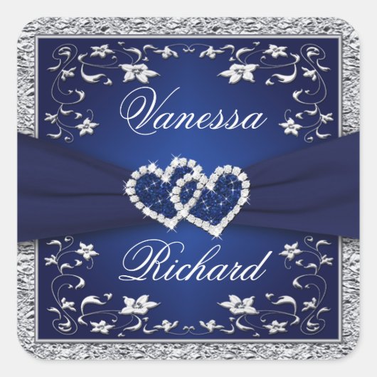 Navy Blue Silver Gray Floral Wedding Sticker (Vorderseite)