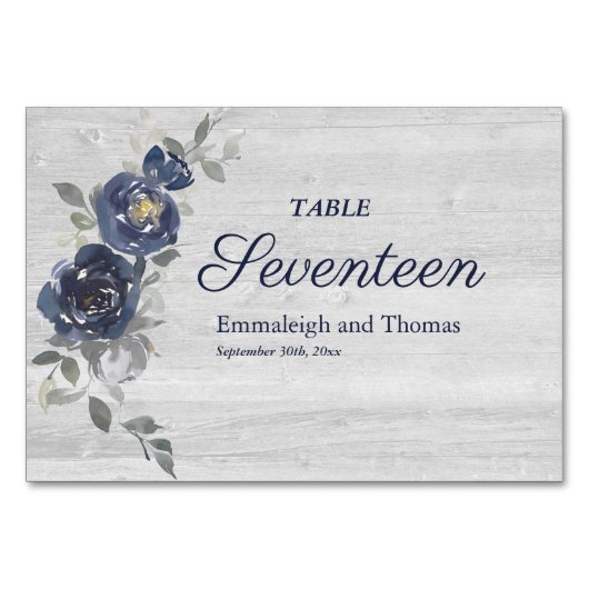 Navy Blue Silver Gray Floral Wedding Tischnummer (Vorderseite)