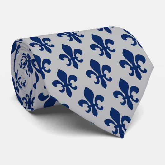 Navy Blue Silver Gray Lilie Pattern Krawatte (Gerollt)