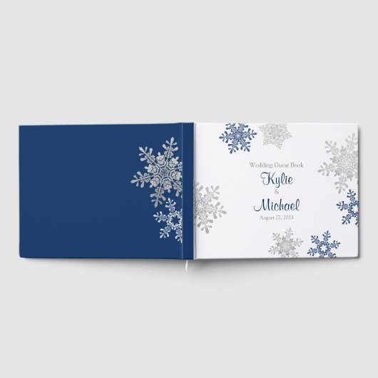 Navy Blue Silver Gray Snowflake Winter Wedding Gästebuch (Voll)