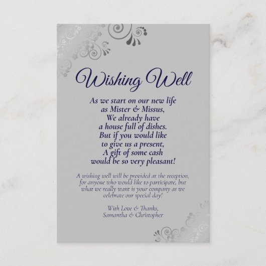 Navy Blue & Silver Gray Wedding wünscht gutes Gedi Begleitkarte (Vorderseite)
