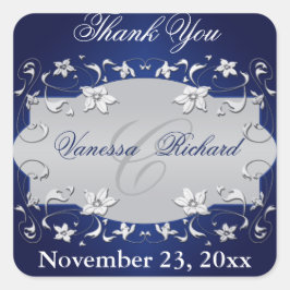 Navy Blue Silver Grey Floral Gastgeschenk Hochzeit Quadratischer Aufkleber