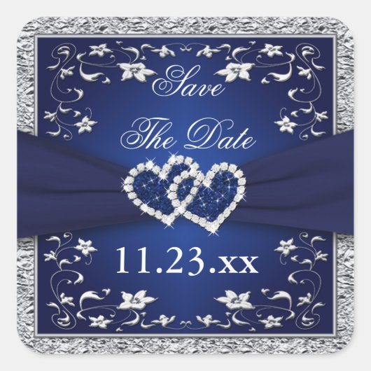Navy Blue Silver Grey Floral Save the Date Aufkleb Quadratischer Aufkleber (Vorderseite)