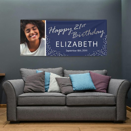 Navy Blue Silver Happy 21. Geburtstag Foto Banner