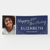 Navy Blue Silver Happy 21. Geburtstag Foto Banner (Horizontal)