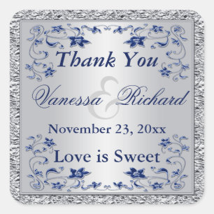 Navy Blue Silver IMITATS Foil Gastgeschenk Hochzei Quadratischer Aufkleber
