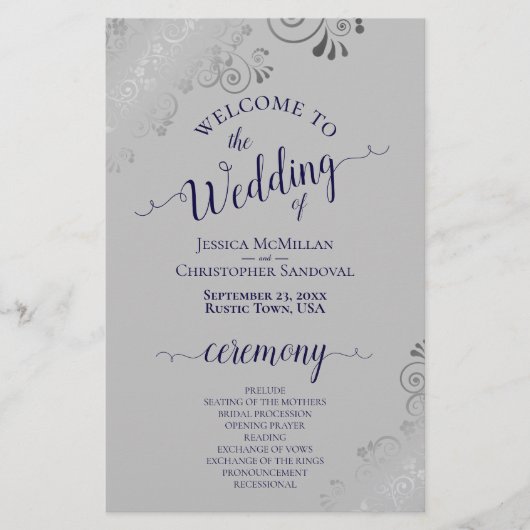 Navy Blue Silver Lace Budget Gray Wedding Program (Vorderseite)