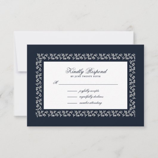 Navy Blue Silver Leaf Muster RSVP Karte (Vorderseite)