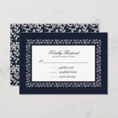 Navy Blue Silver Leaf Muster RSVP Karte (Vorne/Hinten)