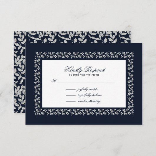 Navy Blue Silver Leaf Muster RSVP Karte (Vorne/Hinten)