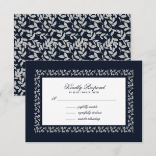Navy Blue Silver Leaf Muster RSVP Karte