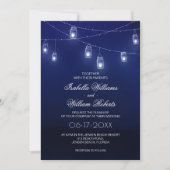 Navy Blue & Silver Mason Jar String Lights Hochzei Einladung (Vorderseite)