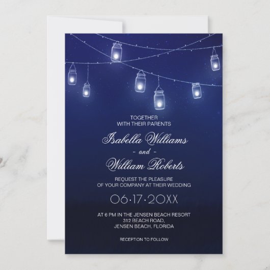 Navy Blue & Silver Mason Jar String Lights Hochzei Einladung (Vorderseite)