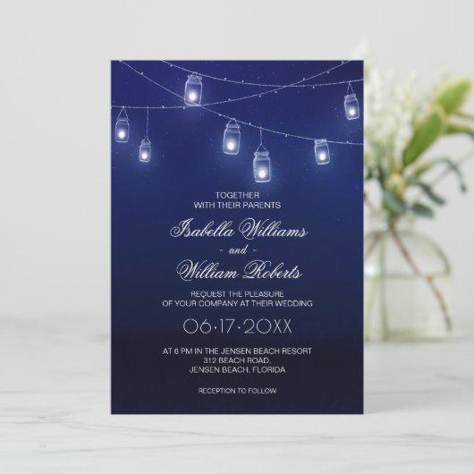 Navy Blue & Silver Mason Jar String Lights Hochzei Einladung (Stehend Vorderseite)