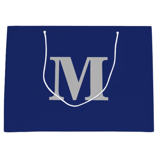 Navy Blue & Silver Modern Letter Monogram Große Geschenktüte (Vorderseite)