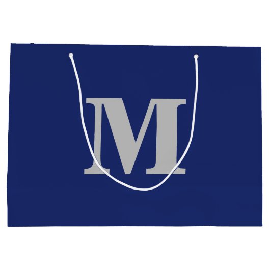 Navy Blue & Silver Modern Letter Monogram Große Geschenktüte (Rückseite)