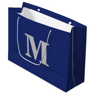 Navy Blue & Silver Modern Letter Monogram Große Geschenktüte