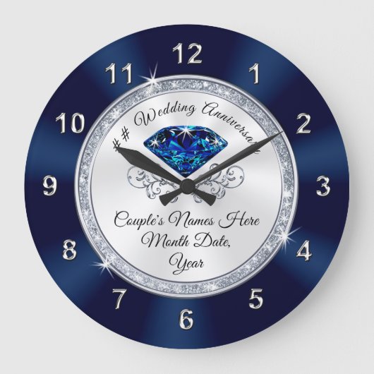 Navy Blue, Silver Personalisiert Anniversary Clock Große Wanduhr (Vorderseite)