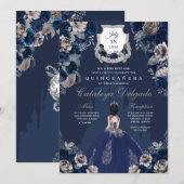 Navy Blue & Silver Princess Castle Quinceañera Einladung (Vorne/Hinten)