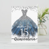 Navy Blue Silver Quinceanera Birthday Einladung (Stehend Vorderseite)