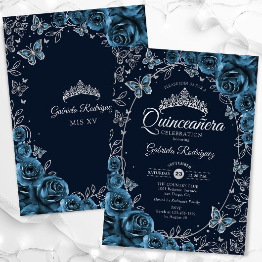 Navy Blue Silver Quinceanera Einladung