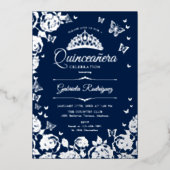 Navy Blue Silver Rose Quinceanera UAWG QR Code Folieneinladung (Vorderseite)