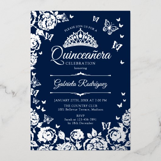 Navy Blue Silver Rose Quinceanera UAWG QR Code Folieneinladung (Vorderseite)