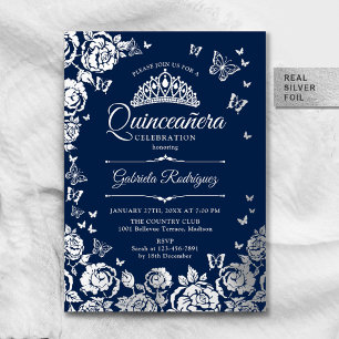 Navy Blue Silver Rose Quinceanera UAWG QR Code Folieneinladung
