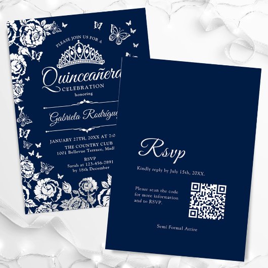 Navy Blue Silver Rose Quinceanera UAWG QR Code Folieneinladung