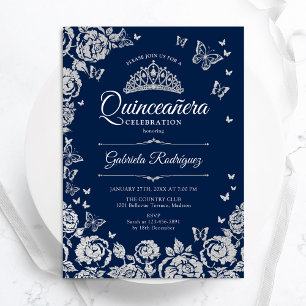 Navy Blue Silver Rose Schmetterlinge Quinceanera Einladung