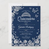 Navy Blue Silver Rose Schmetterlinge Quinceanera Einladung (Vorderseite)