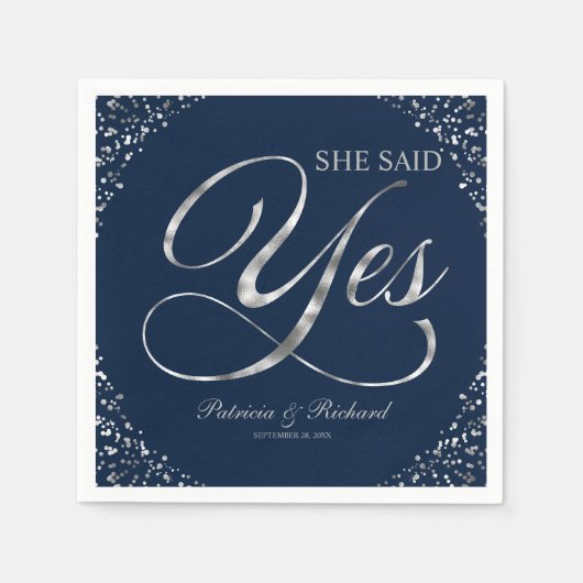 Navy Blue Silver sagte sie Yes Engagement Party Serviette (Vorderseite)