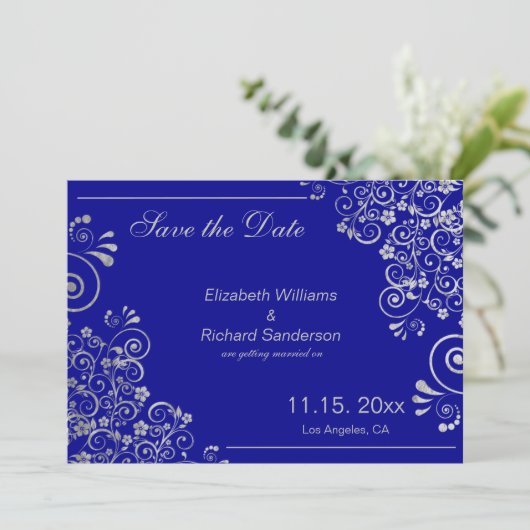 Navy Blue Silver Save the Date Hochzeit (Stehend Vorderseite)