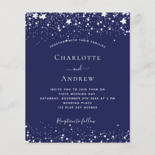 Navy Blue Silver Stars Budget Hochzeit Einladung Flyer (Vorne)