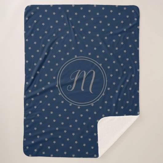 Navy Blue Silver Stars Muster Elegant Mit Monogram Sherpadecke (Vorderseite)