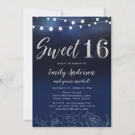 Navy Blue Silver String Lights Floral Sweet 16 Einladung